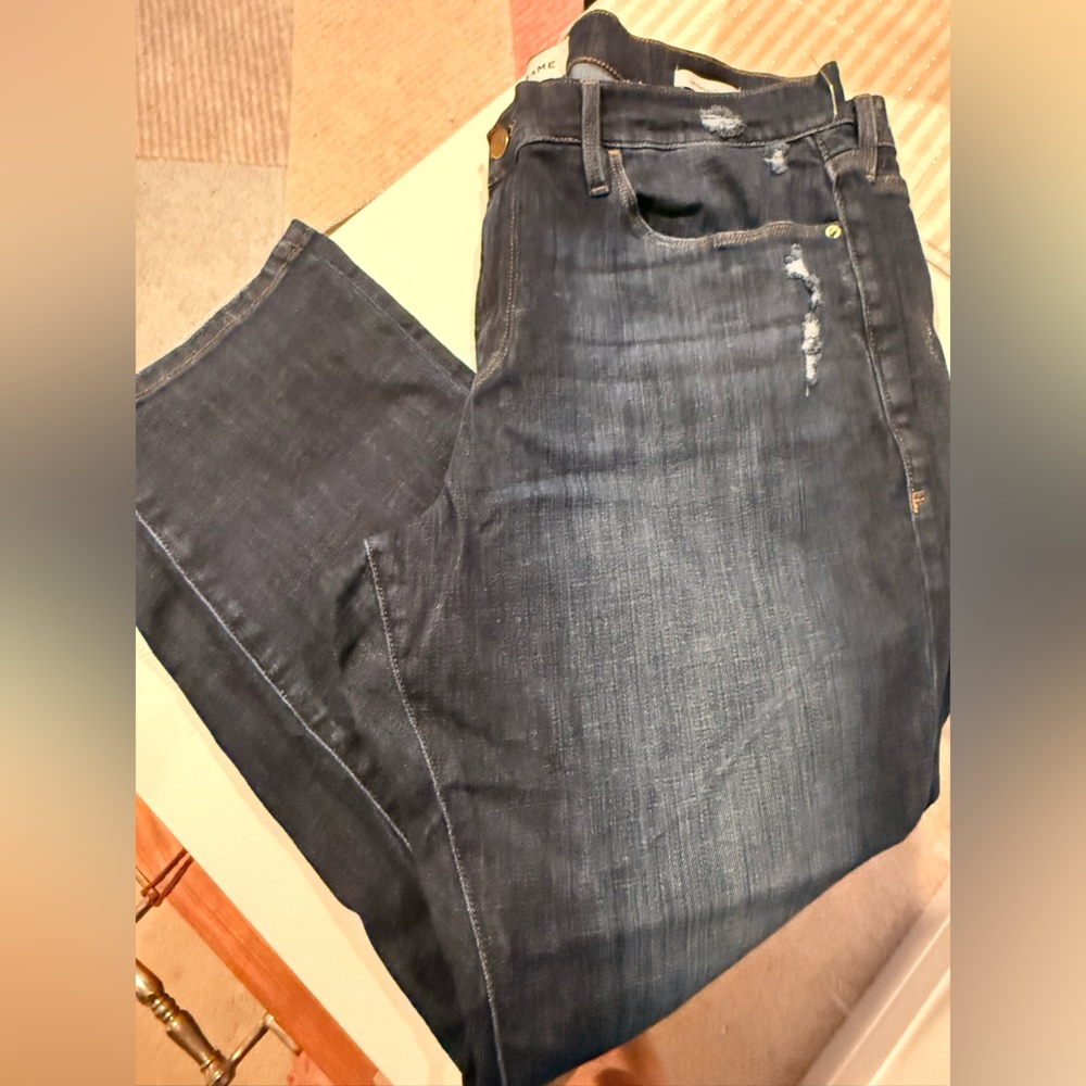 Frame Denim Dark Blue Distressed LeGarcon Crop Jeans Covant